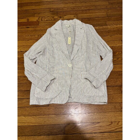 Max Studio Womens Jacket Sz Large White Striped Linen 1 Button Blazer NWT $118 - Picture 1 of 7